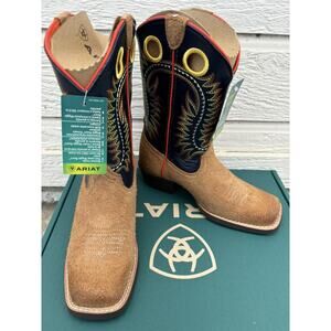 Ariat Kids Tan and Black Western Pull-On Boots with Yellow Accents NWB